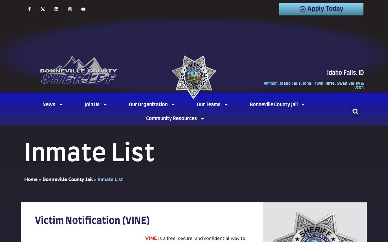 Bonneville County Jail official roster interface for current county custody records