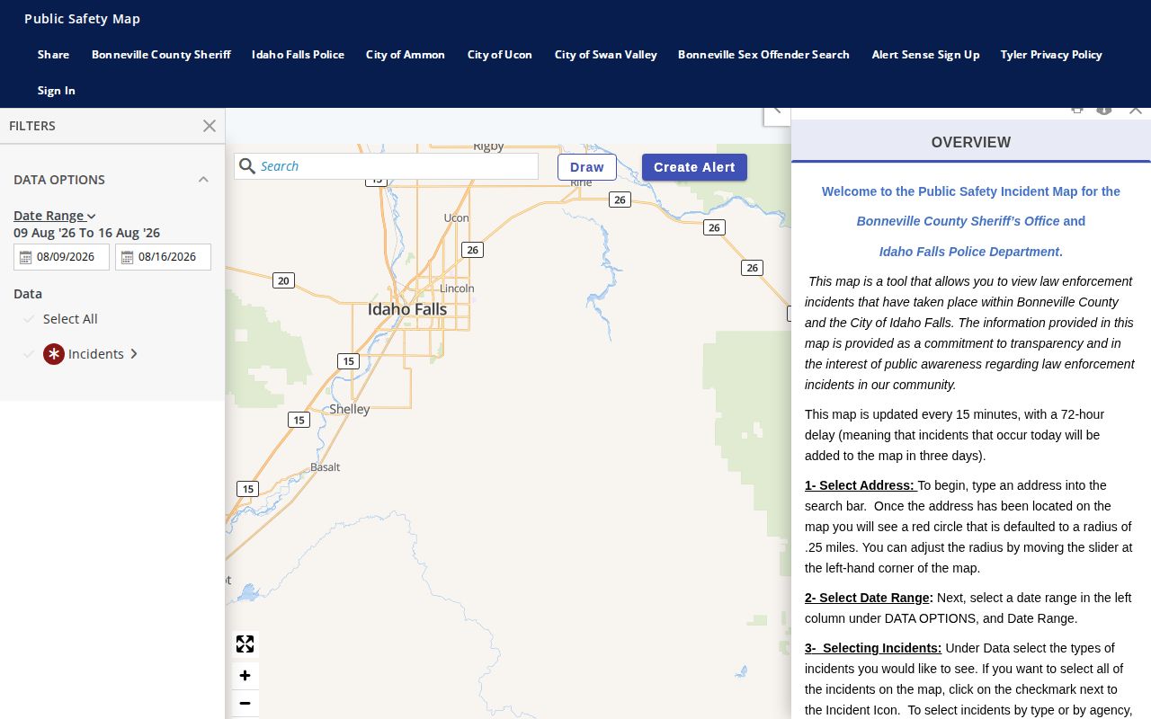 Bonneville County public safety incident map interface for delayed incident records