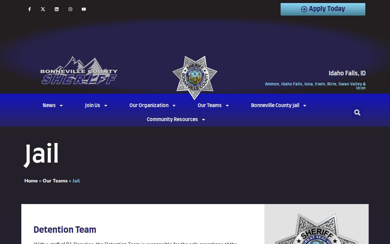 Bonneville County Sheriff's Office jail and warrants information page