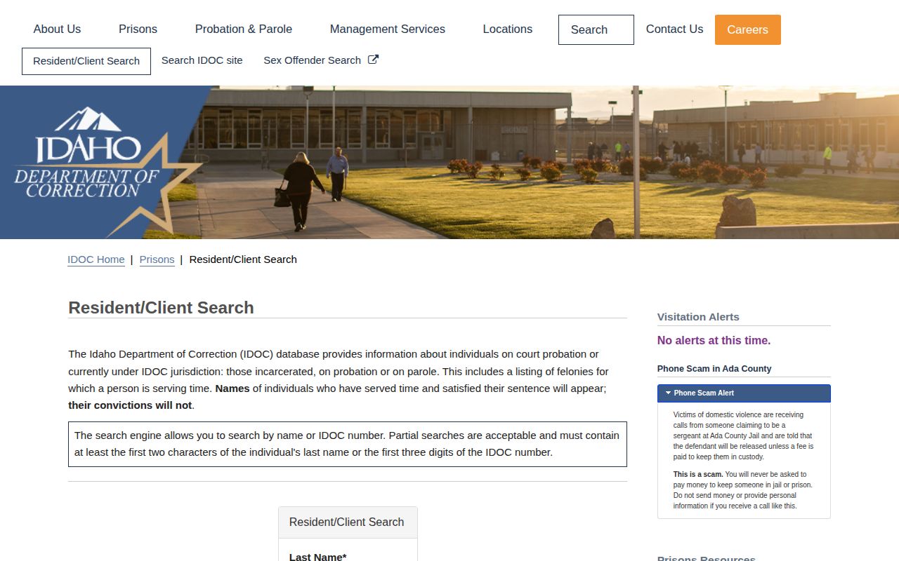 Idaho Department of Correction resident and client search for state custody records